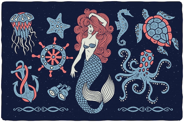 Conjunto de ilustrações de criaturas marinhas