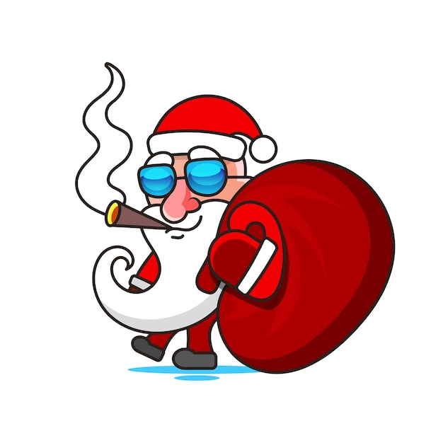 Conjunto de ilustrações de desenhos animados de Natal isoladas em branco. Personagem engraçado de Papai Noel feliz com presente, saco com presentes, acenando e saudando. Para cartões de Natal, banners,