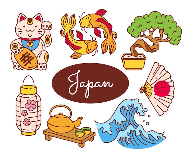 Conjunto de ilustrações de doodle japão e tradições japonesas