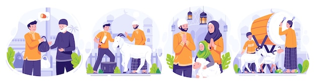 Conjunto de ilustrações de eid al adha mubarak com pessoas muçulmanas comemoram a ilustração de eid al adha