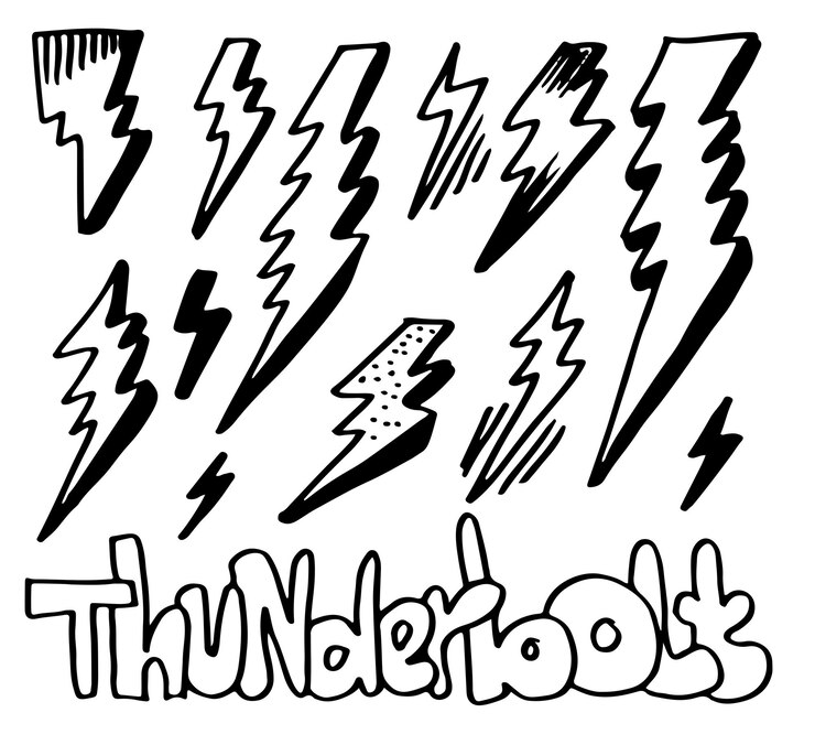Vetor conjunto de ilustrações de esboço de símbolo de parafuso de relâmpago elétrico desenhado à mão.