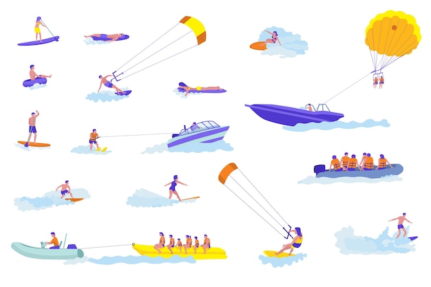 Conjunto de ilustrações de esportes aquáticos para férias ativas veranistas aventureiros resort de mar atividades ao ar livre coleção de cliparts de ideias