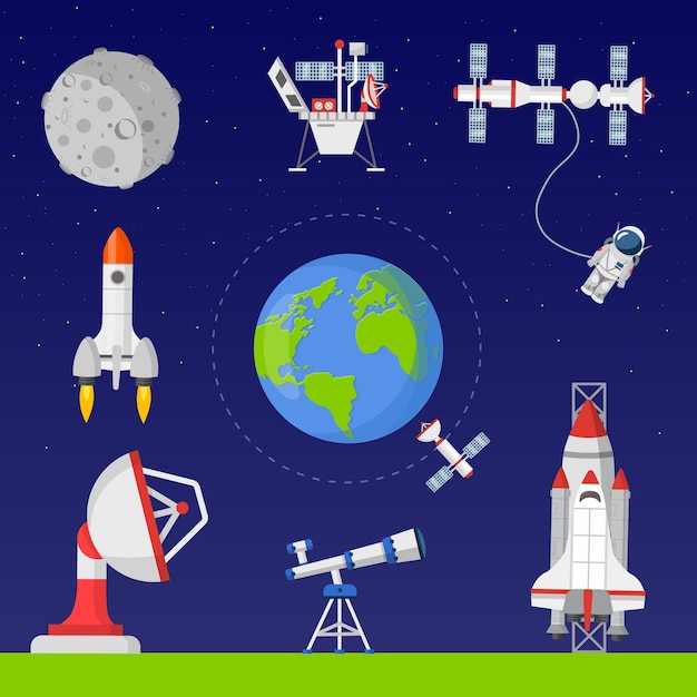 Conjunto de ilustrações de exploração espacial tecnologia de astronáutica observação da terra astronauta satélite no espaço sideral telescópio foguete lançando nave espacial voadora no universo