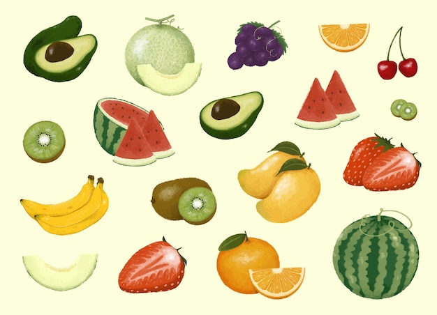 Conjunto de ilustrações de frutas desenhadas à mão