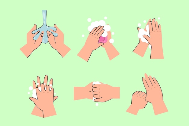 Conjunto de ilustrações de guia de mãos para lavar