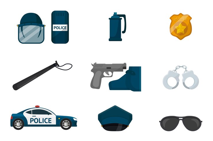 Vetor conjunto de ilustrações de itens policiais carro patrulha policial crachá dourado arma boné algemas e persianas