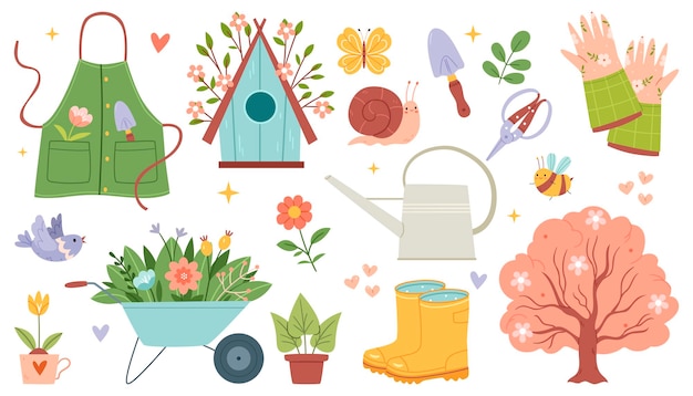Vetor conjunto de ilustrações de jardim de primavera em estilo desenhado à mão design plano