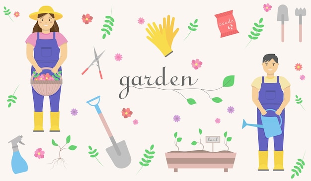 Conjunto de ilustrações de jardim representando uma mulher com botas de borracha e um cesto de flores nas mãos, um homem de macacão com um regador nas mãos, uma pá, sementes, luvas de borracha.