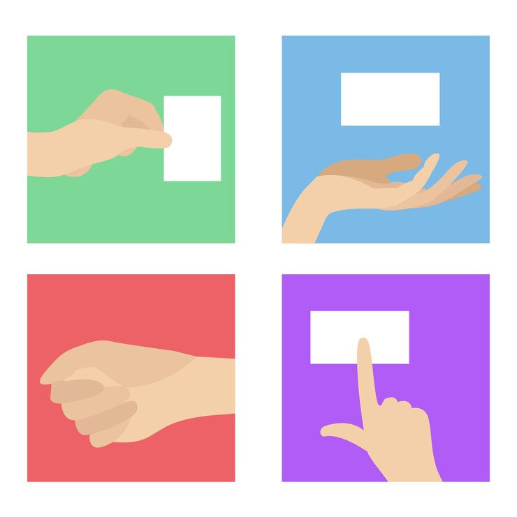 Conjunto de ilustrações de mão segurando papel branco isolado Ilustração vetorial de quatro variações