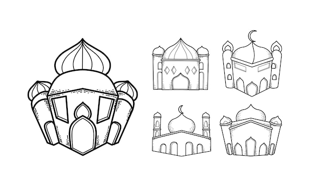 Conjunto de ilustrações de mesquita doodle fundo branco