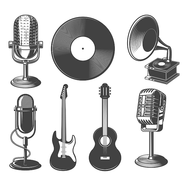 Vetor conjunto de ilustrações de microfones retro, guitarras, gramofones, elementos de design para logotipo, rótulo, cartaz, ilustração vetorial
