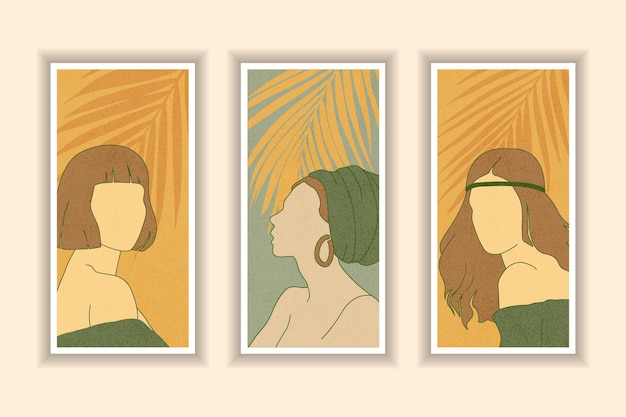 Vetor conjunto de ilustrações de mulheres minimalistas para decoração de parede.