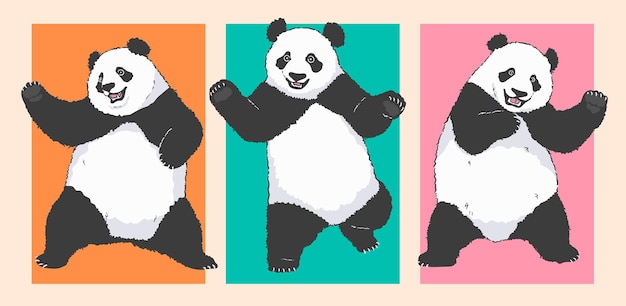 Conjunto de ilustrações de panda dançante de desenho animado