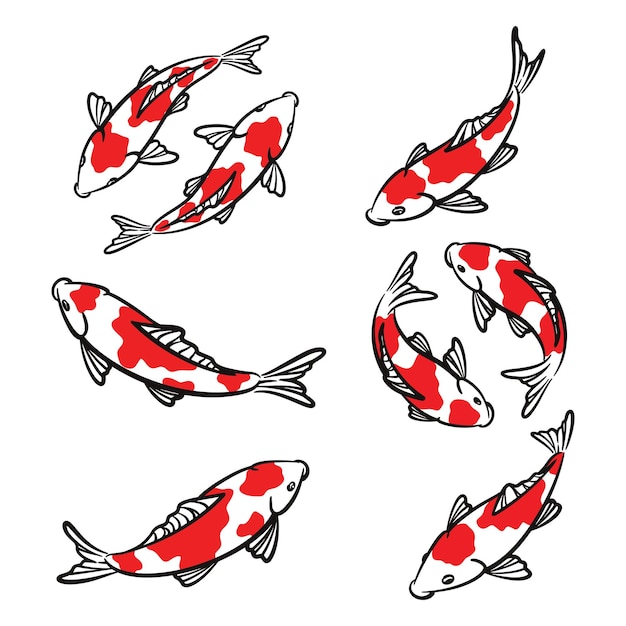 Vetor conjunto de ilustrações de peixes koi desenhadas à mão coleção de arte de linhas de carpa koi