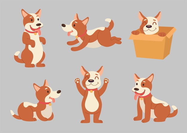 Conjunto de ilustrações de personagem de desenho animado de filhote de cachorro bonito. desenhos de cães adoráveis em diferentes ações, brincando, correndo para crianças isoladas em cinza