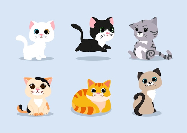 ilustração dos desenhos animados de gatos fofos e personagens de gatinhos.  conjunto de gatos fofos, coleção