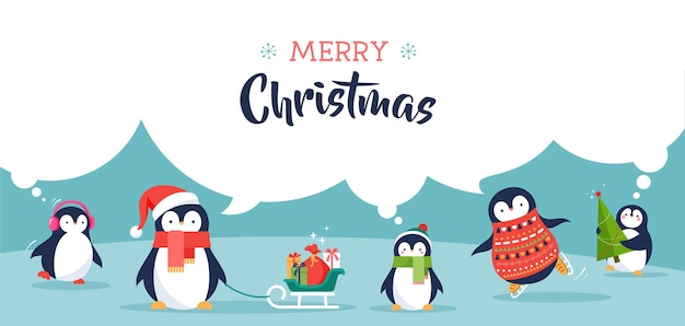 Conjunto de ilustrações de pinguins fofos - saudações de feliz natal