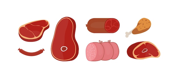 Conjunto de ilustrações de produtos de carne crua