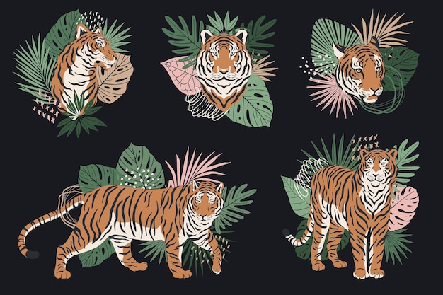 Conjunto de ilustrações de silhueta de tigre com folhas de palmeira coleção de símbolos 2022