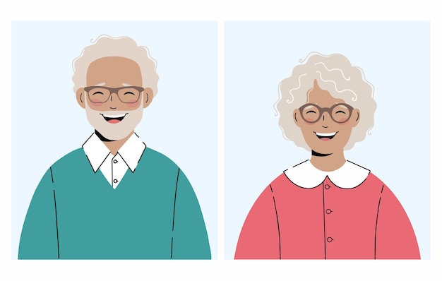 Conjunto de ilustrações de uma mulher idosa e um homem idoso com óculos ótimo para avatares