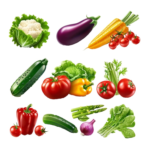 Conjunto de ilustrações de vegetais coloridos sobre um fundo branco