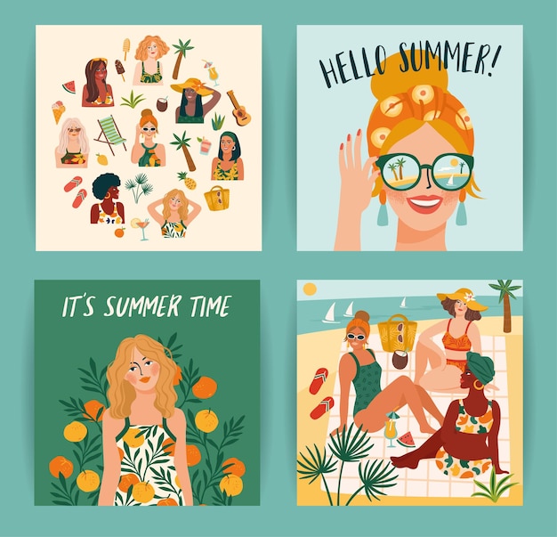 Conjunto de ilustrações de verão brilhante com mulheres bonitas. cartão