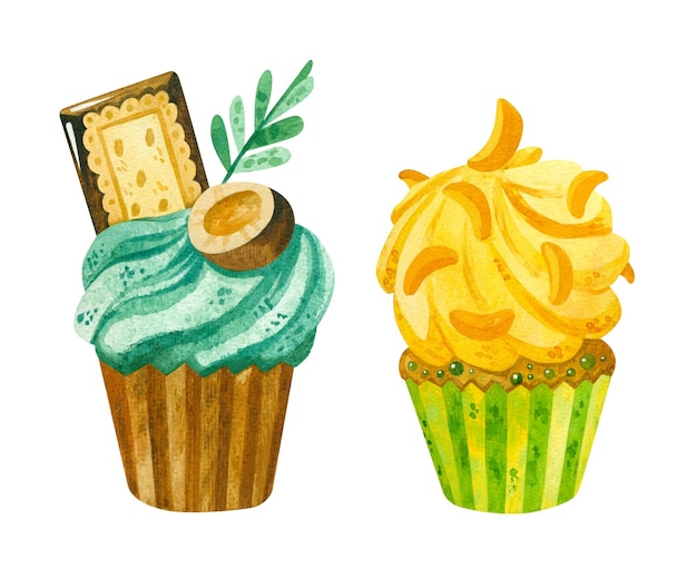 Conjunto de ilustrações desenhadas à mão de cupcakes de aquarela coleção de doces e guloseimas dos desenhos animados isolada em