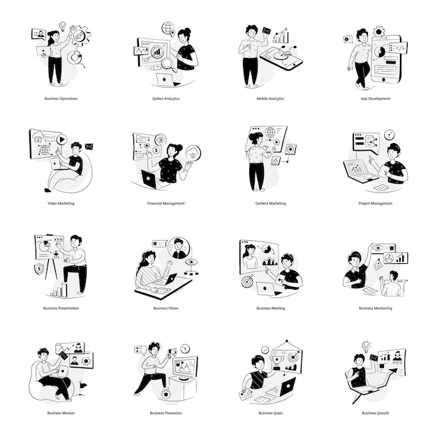 Conjunto de ilustrações desenhadas à mão de negócios