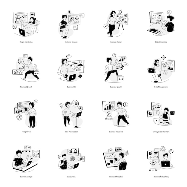 Conjunto de ilustrações desenhadas à mão de negócios