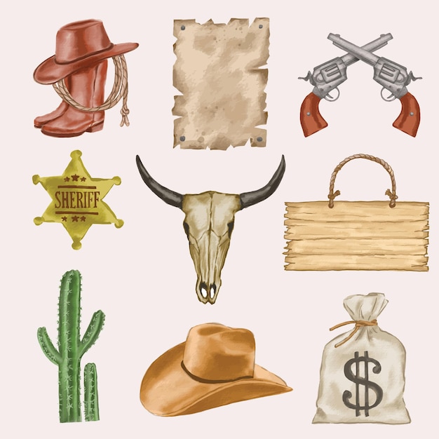 Vetor conjunto de ilustrações desenhadas à mão em aquarela de botas de cowboy xerife distintivo de arma sinal de saco de dinheiro chapéu de touro crânio e cacto