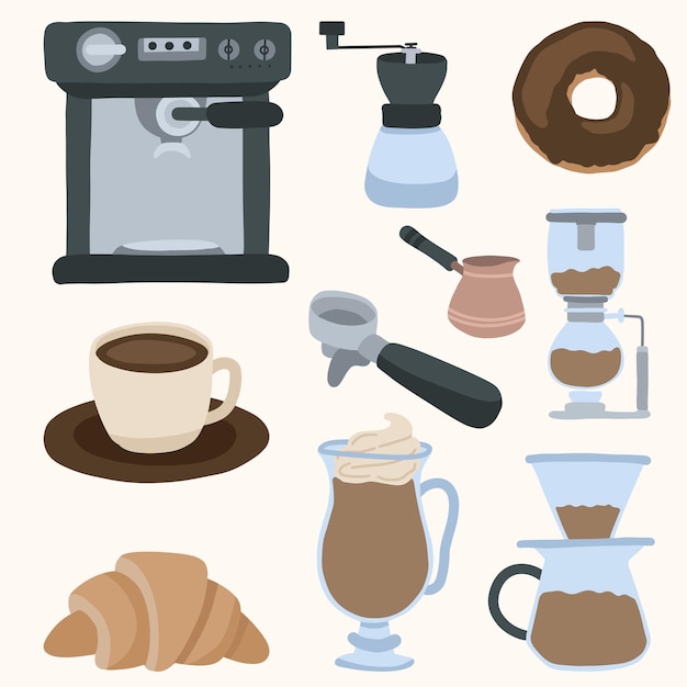 Conjunto de ilustrações desenhadas à mão para equipamentos de café e café