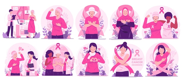 Vetor conjunto de ilustrações do mês de conscientização sobre o câncer de mama com mulheres com fitas cor-de-rosa