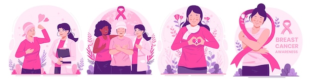 Conjunto de ilustrações do mês de conscientização sobre o câncer de mama com mulheres com fitas rosa