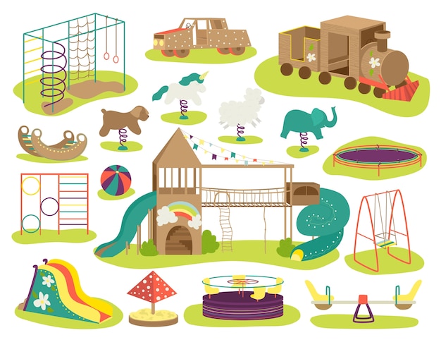 Conjunto de ilustrações do parque infantil. teeter board, balanços, caixa de areia, caixa de areia e banco, carrossel, slide infantil, teatro. campo de jogos para bebês, playground para crianças, área de resort.