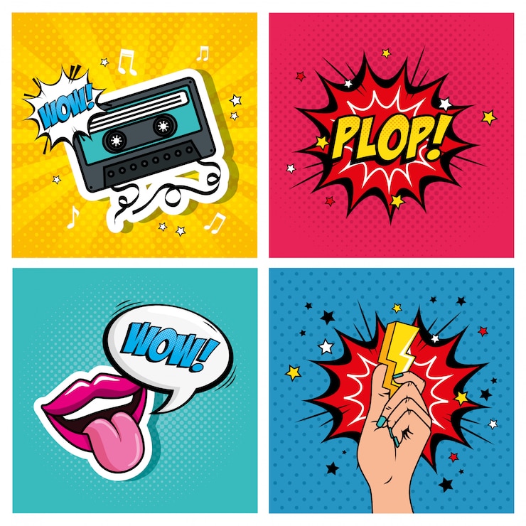 Vetor conjunto de ilustrações e expressões estilo pop art
