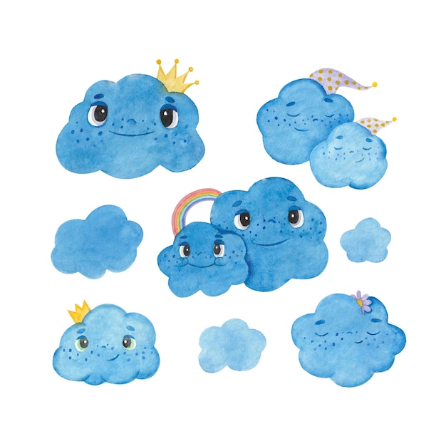 Conjunto de ilustrações em aquarela com nuvens de desenho animado