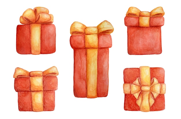 Vetor conjunto de ilustrações em aquarela de caixas de presente vermelhas. caixa de natal com laço amarelo e dourado.