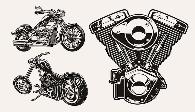 Vetor conjunto de ilustrações em preto e branco para o tema motocicleta