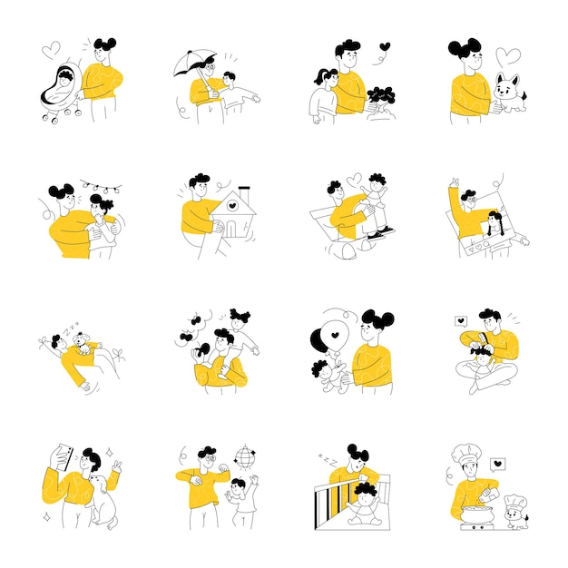 Conjunto de ilustrações esboçadas de amor familiar