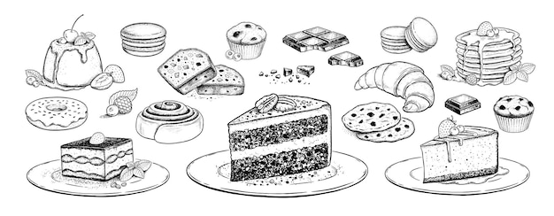 Conjunto de ilustrações esboçadas vetoriais de sobremesas e alimentos doces