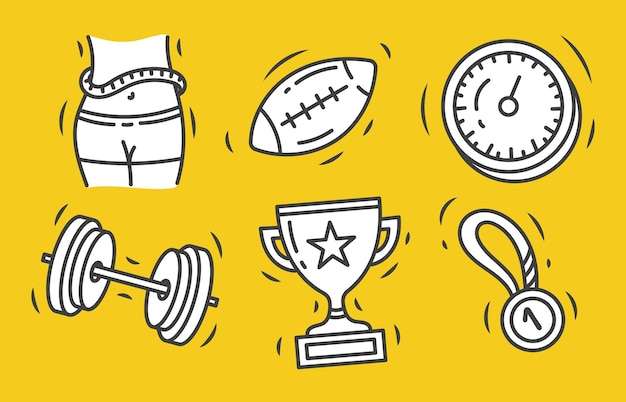 Conjunto de ilustrações esportivas doodle Equipamentos esportivos e prêmios