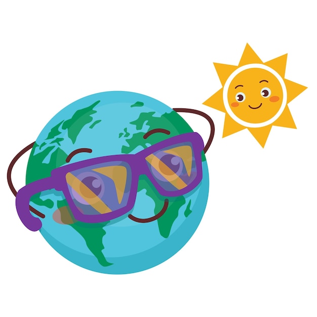 Conjunto de ilustrações fofas com o planeta Terra. A terra em óculos de sol se aquece ao sol.