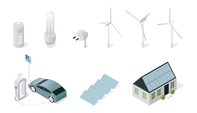 Conjunto de ilustrações isométrica de símbolos de tecnologia sustentável. fontes de energia renováveis e tecnologia isolada