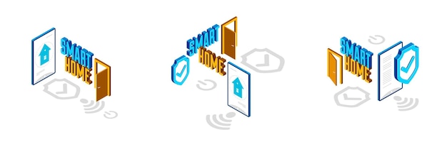 Vetor conjunto de ilustrações isométricas de vetor de casa moderna de eletrônica de conceito iot para casa inteligente, segurança inteligente, tecnologia futura automatizada distante do aplicativo.