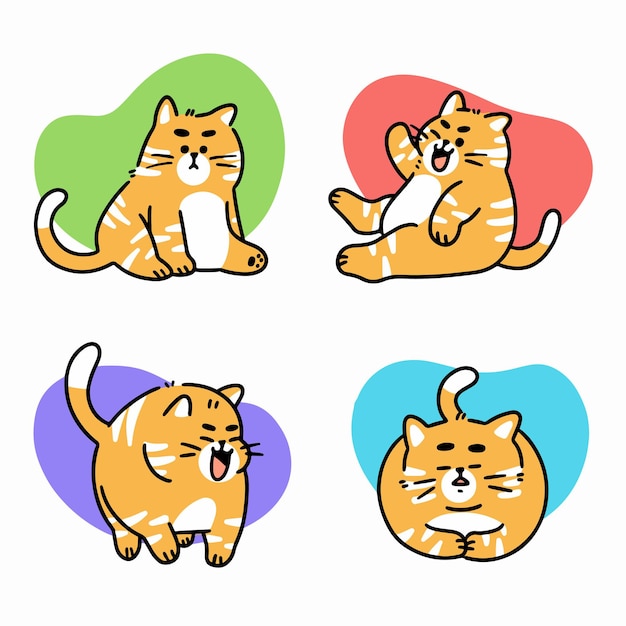Conjunto de ilustrações para rabiscos de gato preguiçoso adorável e atividades diárias