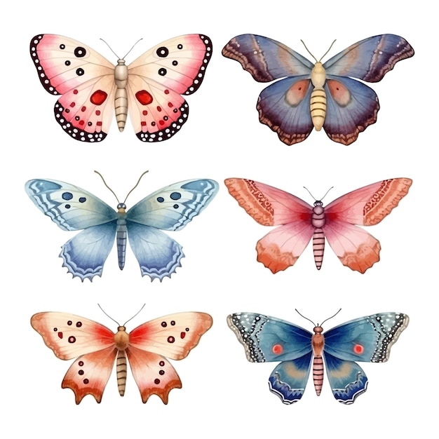 Conjunto de ilustrações pintadas à mão em aquarela de mariposa e borboleta