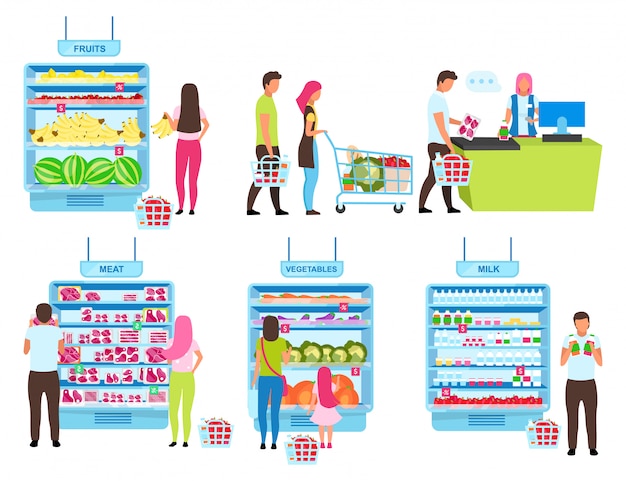 Conjunto de ilustrações plana do processo de compra do cliente. Pessoas que escolhem produtos na mercearia, comprando mercadorias em personagens de desenhos animados de mesa de dinheiro.