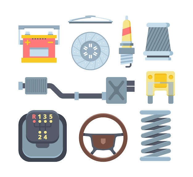 Vetor conjunto de ilustrações planas de diferentes peças mecânicas de automóveis