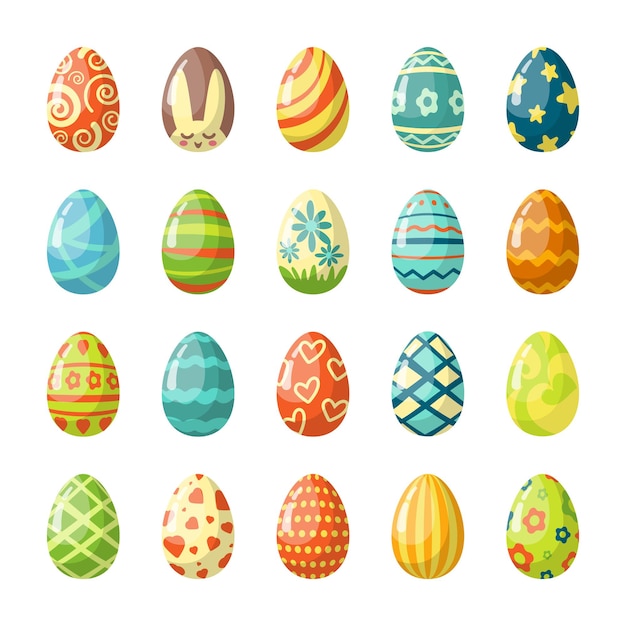 Conjunto de ilustrações planas de ovos de páscoa pintados em cores