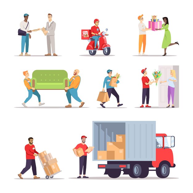 Conjunto de ilustrações planas de trabalhadores de serviço de entrega